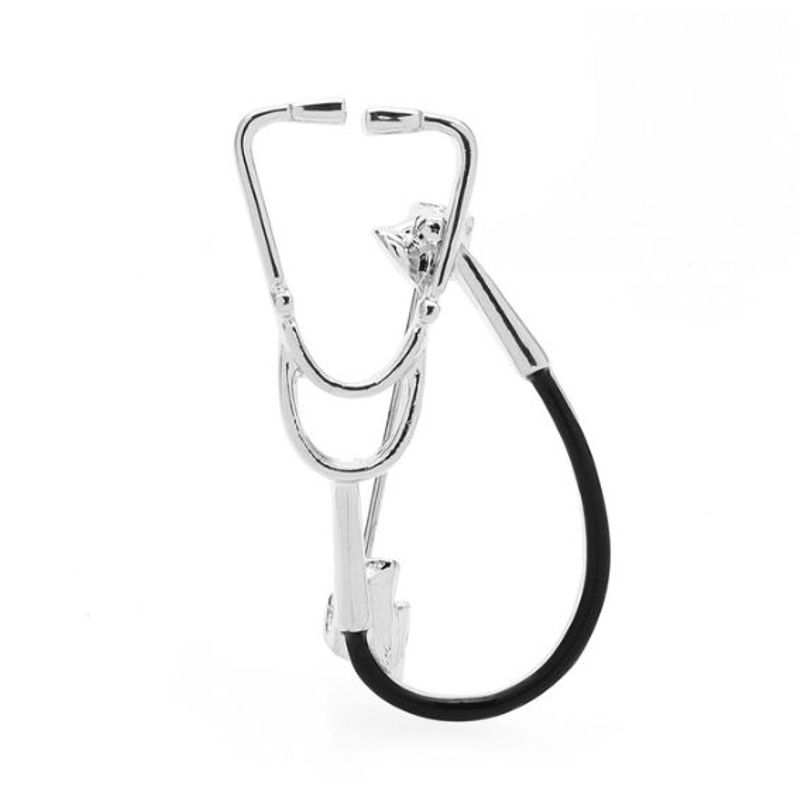 Stethoscope Pin - Black enamel - Silvertone - Click Image to Close